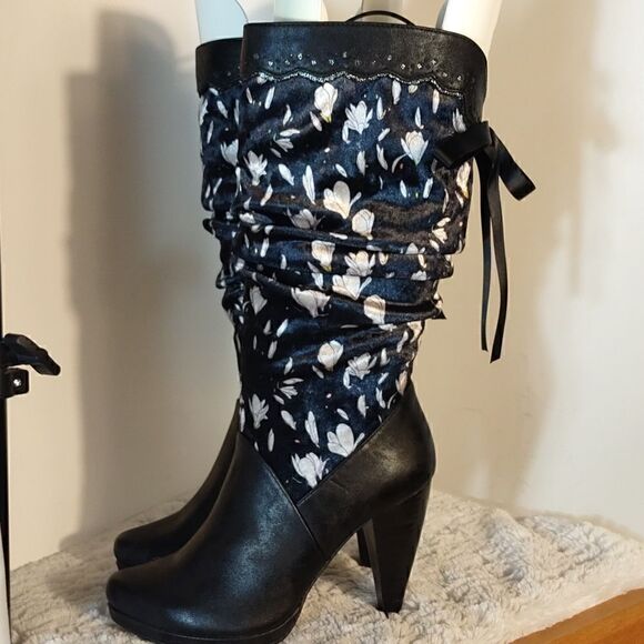 Ruby Shoo Black Floral Slouch Athena Boots - Picture 8 of 8